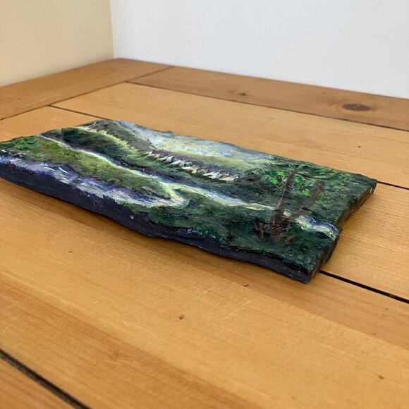 Summer Camp Hand Painted Slate Stone Artwork Signed J Sommers Teepee River - Picture 4 of 7